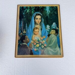 Vintage Religious Art Wood with Blue and Green Tones Wall Hanging